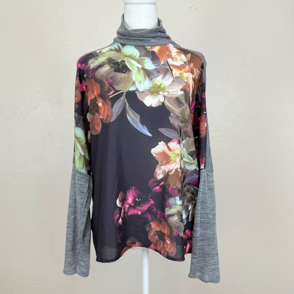 Zara W&B Floral Chiffon Sheer Front Gray Fine Knit Roll Neck Turtleneck Top L